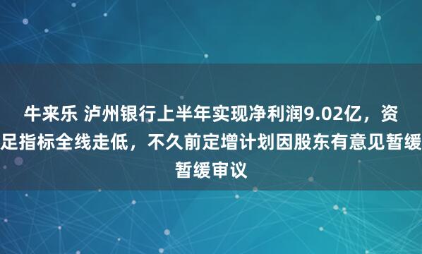 牛来乐 泸州银行上半年实现净利润9.02亿，资本充足指标全线走低，不久前定增计划因股东有意见暂缓审议